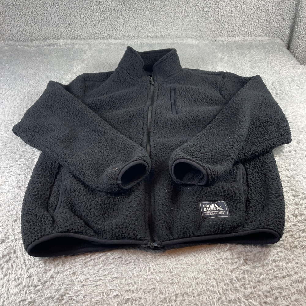 Eddie Bauer Mens Sherpa Fleece Jacket Black Full Zip Mock Neck Medium